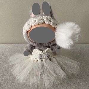 Handmade Crochet White Cream Sweetheart Neckline Tutu for 17cm Doll 2-Piece Set